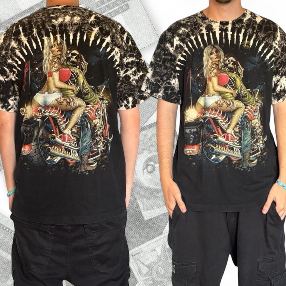 Black Y2K Vintage Harley Davidson Type Biker Grunge Graphic Tee W/ Skull & Studs